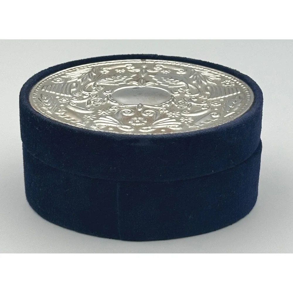 1990 Godinger Silver Art Co Navy Blue Velvet Trinket Jewelry Box Oval Ornate 4